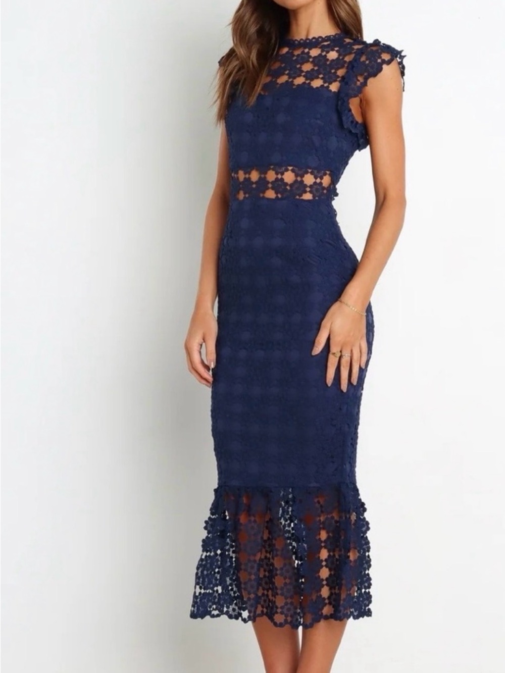 Petal & Pup Navy Crochet Midi Dress with Waist Cutouts